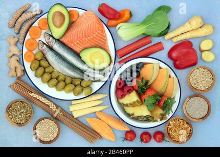 Health food to ease irritable bowel syndrome. Healthy foods high in antioxidants, protein, dietary fiber, vitamins, minerals, omega 3, protein, smart Stock Photo