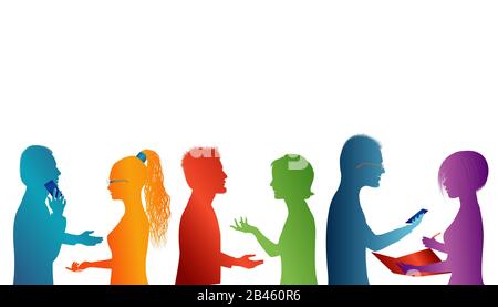 Communication between a group of people talking. Concept teamwork. Speech among people.Young people who work well together.Silhouette  colored profile Stock Photo