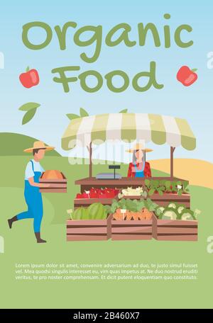 Organic food brochure template. Farmers market. Flyer, booklet, leaflet concept with flat illustrations. Summer vegetable outdoor store. Page layout Stock Vector