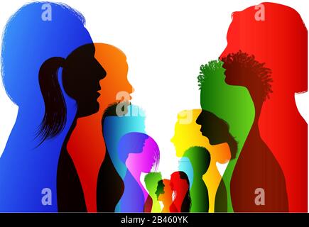 Discussion or comparison between friends. Group of isolated colored silhouette people talking. Communication between the crowd. Dialogue people Stock Photo