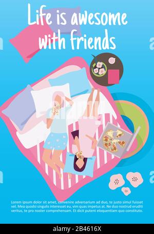 Sleepover party brochure template. Life with awesome with friends lettering. Girlfriends eat pizza. Girls night. Flyer, booklet, leaflet concept with Stock Vector