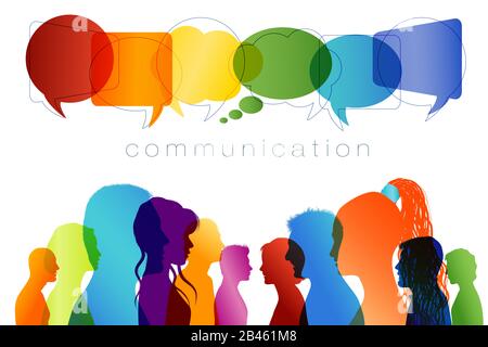 Group people in profile silhouette talking. Crowd speaks. Concept to communicate. Speech bubble. Social networking communication. Multicolored clouds. Stock Photo
