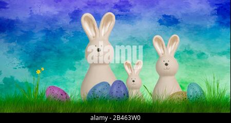a colorful easter background with three bunnies and easter eggs Stock Photo