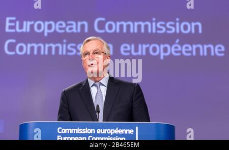 05 March 2020, Belgium, Brüssel: 05.03.2020, Belgium, Brussels: European Commission's Head of Task Force for Relations with the United Kingdom (UK Task Force/UKTF) Michel Barnier talks to the media at the end of the first EU/UK negociations round at the Berlaymont, the European Commission headquarters, on March 5, 2020, in Brussels, Belgium. - NO WIRE SERVICE Photo: Thierry Monasse/dpa Stock Photo