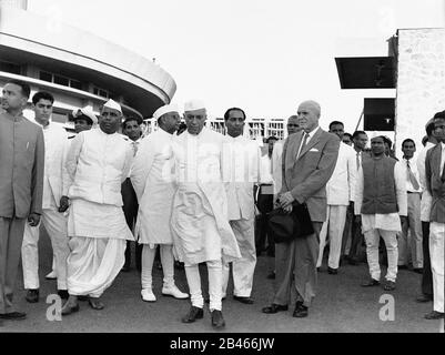 Jawaharlal Nehru, Dr Homi Bhabha, Yashwantrao Chavan, opening BARC Atomic Reactor, Bombay, Mumbai, Maharashtra, India, Asia, 16th January 1961, old vintage 1900s picture Stock Photo