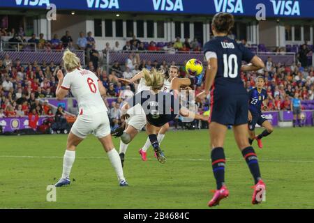 Orlando, Florida, USA. 05th Mar, 2020. USA midfielder Lindsey Horan (9) intercepts the ball during the SheBelieves Cup in an international friendly women's soccer match against England, Thursday, Mar. 5, 2020, in Orlando, Florida, USA. (Photo by IOS/ESPA-Images) Credit: European Sports Photographic Agency/Alamy Live News Stock Photo