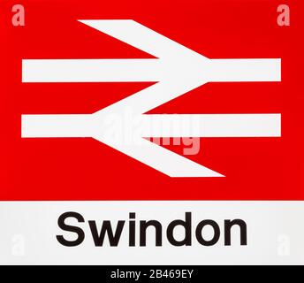 British Rail double arrow logo designed by Gerry Barney, railway station sign, Swindon, Wiltshire, England, UK Stock Photo
