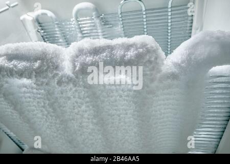 Time to defrost : View into the freezer on cooling coils completely covered with ice. Stock Photo