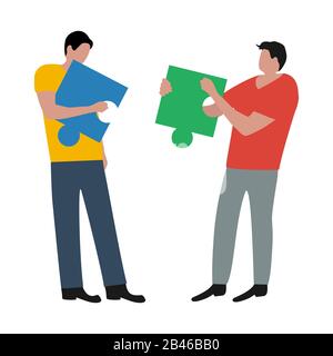 People connected puzzle pieces. Performing work according to the instructions. Joint collaboration of a group of persons. Flat cartoon design, vector Stock Vector