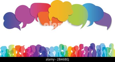 Large isolated group people in profile talking silhouette. Concept to communicate. Speech bubble. Crowd speaks. Social networking. Multi-ethnic people Stock Vector