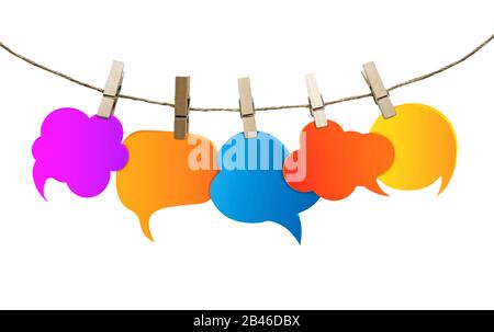 Isolated speech bubble various colors. Gossip. Social network. Chatter speaking and communication. Information. Group of empty balloons. Clouds Stock Photo