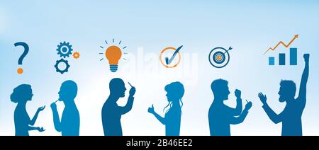 Concept problem solving team.Business solution.Analysis and finding a solution to the problems.Strategy and success.Client service.Silhouette people Stock Vector