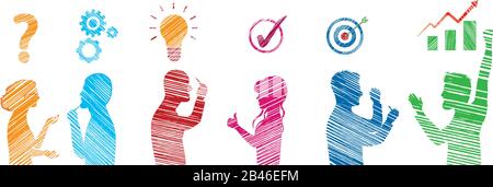Titolo Profile colored stickman people gesturing.Concept problem solving team. Business solution.Strategy and success.Analysis.Solution.Sharing idea. Stock Vector