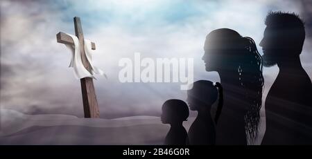 Profile silhouette with crucifix on a dark background. Family looking at the cross. Christian people. Prayer of believers. Sacrifice to the cross. Stock Photo