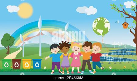 Multi-ethnic children of different cultures who embrace for a global eco-friendly world. Oneness for clean and sustainable energy. Ecology.Environment Stock Vector