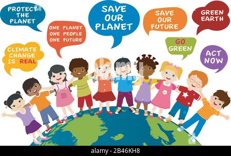 Isolated children of different culture and multiethnic people embracing each other on the globe. Speech bubble with messages for an eco environment Stock Vector