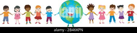 Isolated group of diverse and multiethnic culture children and globe holding hands together for an eco planet and clean environment. Ecological and su Stock Vector