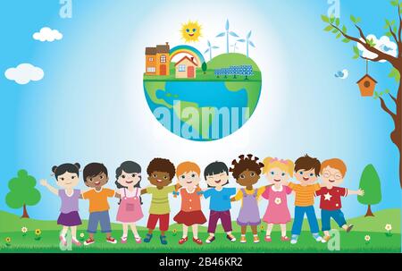 Group of diverse and multiethnic children embracing each other. Unity for an ecological world with eco and sustainable energy. Globe with solar cell Stock Vector
