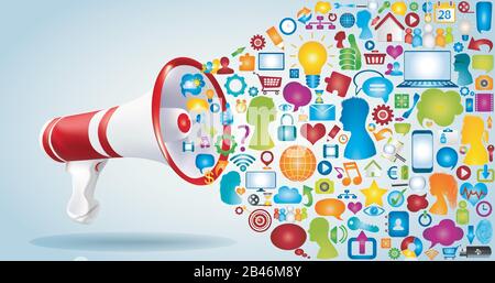Share and exchange ideas and data. Talk to communicate in the network. Discussion via the web. Message and chat. Megaphone with application icon Stock Vector
