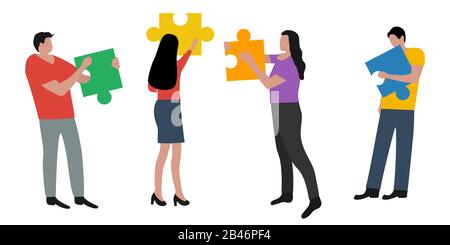 People connected puzzle pieces. Performing work according to the instructions. Joint collaboration of a group of persons. Flat cartoon design, vector Stock Vector