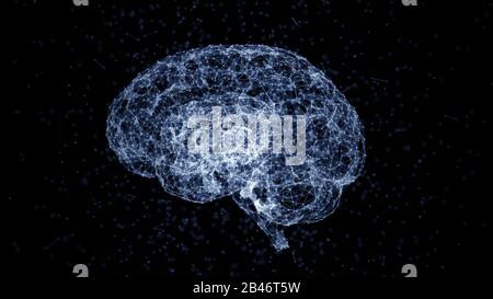Artificial intelligence concept: blue lines, dots and polygons forming a human brain. Science and technology background. Depth of field settings. 3D r Stock Photo