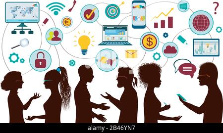 Sharing ideas and technology for the future. Communication and network isolated multi-ethnic group people. Mind Map. Connection and exchange of ideas Stock Vector
