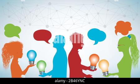 Group of multi-ethnic people sharing ideas with a light bulb in their hands.Communication and discussion community social network.Forum meeting.Speak Stock Vector