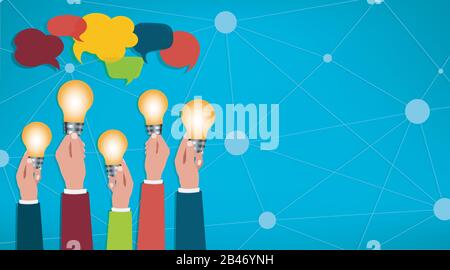 Sharing ideas. Hands with light bulbs. Communication and discussion community social network. Connection between groups of people or friends. Speak Stock Vector