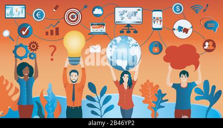 Sharing ideas.Network teamwork. Connection and exchange of ideas - data or questions.Communication and network between diverse people.Mind Map.Growth Stock Vector