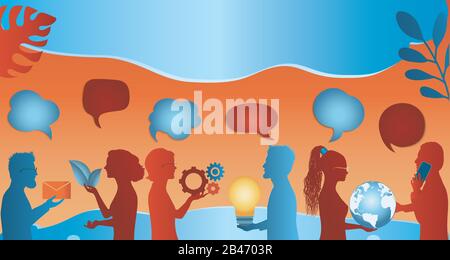 Communicate connection share virtual. Speech bubble.Group of trendy profile silhouettes people talking sharing ideas information or data.Socialize Stock Vector