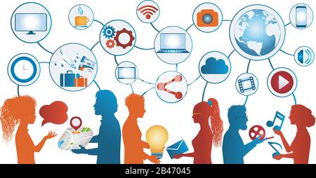 Group of multiethnic people silhouette in profile sharing ideas data information music songs video and movies. Exchange communicate and share digital Stock Vector