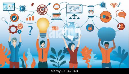 Sharing ideas.Future technology Connection and exchange of ideas - data or questions.Communication and network between diverse people.Mind Map.Share Stock Vector