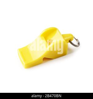 Yellow whistle isolated on white background Stock Photo