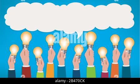 Sharing ideas.Hands with light bulbs. Communication and discussion community social network.People who communicate online via web.Connection.Share Stock Vector