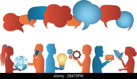 Group of trendy profile silhouettes people talking sharing ideas information or data.Social media concept.Clouds.Communicate connection and share idea Stock Vector
