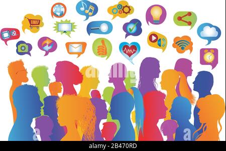 Connecting group of multiethnic people who socialize communicate and share information.Communication and sharing.Crowd that speaks.Social media.Talk Stock Vector
