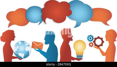 Speech bubble. Group of trendy profile silhouettes people talking sharing ideas information or data. Social media concept. Communicate connection and Stock Vector