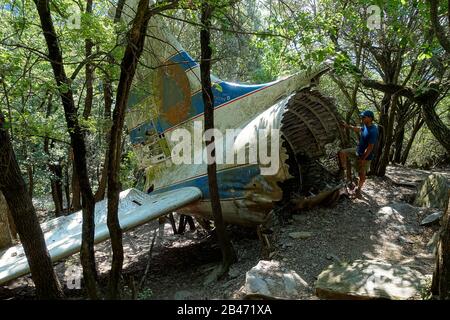 DC-6 airplane wreckage.Crashed 19/07/1986 fighting a big fire near Requesens.The 4 french crew members died. Stock Photo