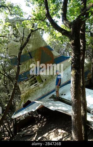 DC-6 airplane wreckage.Crashed 19/07/1986 fighting a big fire near Requesens.The 4 french crew members died. Stock Photo