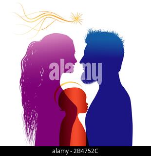 Christmas nativity scene isolated. Colored silhouette profiles with Mary - Joseph and baby Jesus in modern style. Comet Stock Photo