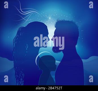 Christmas nativity scene. Silhouette profiles with Joseph - Mary and baby Jesus on blue background Stock Photo