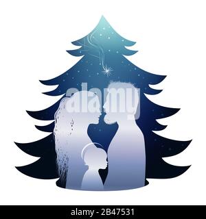 Isolated Christmas tree nativity scene with holy family. Silhouette profile on blue background Stock Photo