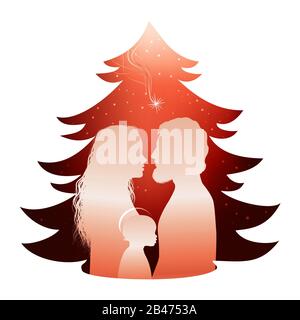 Isolated Christmas tree nativity scene with holy family. Silhouette profile whit Joseph - Mary and baby Jesus on red background Stock Photo