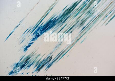 Blue color scratches on old white painted metal iron steel texture background. Abstract geometric color background Stock Photo