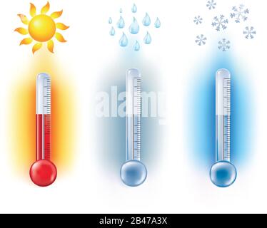 Vector 3d illustration with isolated thermometer measuring temperature with sun - rain - snow symbols. Weather forecast Stock Vector