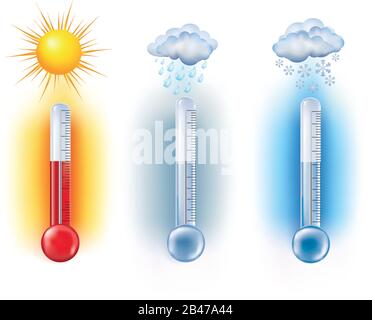 Temperature measurement thermometer with sun - snow - clouds with rain symbols. Weather forecast. Vector 3d illustration Stock Vector