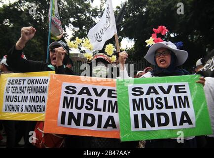 Jakarta, Indonesia. 06th Mar, 2020. Protesters held a demonstration at the India embassy in Jakarta, Indonesia, on Friday, March 6, 2020. Protesters held a demonstration over conflicts between Muslims and Hindus in eastern New Delhi, killing 42 people. (Photo by Wira Satyawan/INA Photo Agency/Sipa USA) Credit: Sipa USA/Alamy Live News Stock Photo