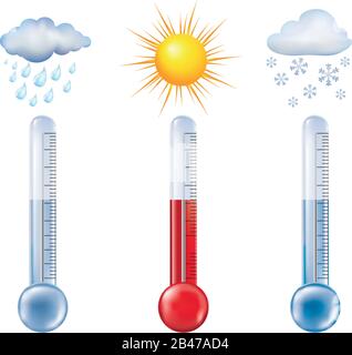 Vector 3d illustration with isolated thermometer measuring temperature with sun symbols - cloud with rain - snow. Weather forecast Stock Vector