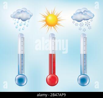 Thermometer with Sky and Sun. Hot Weather in Summer. Vector Cartoon. Stock  Vector