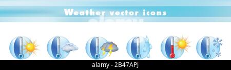 Set vector icons with thermometer and weather forecast. Symbols and signs meteorology - climate - temperature. 3d illustration Stock Vector